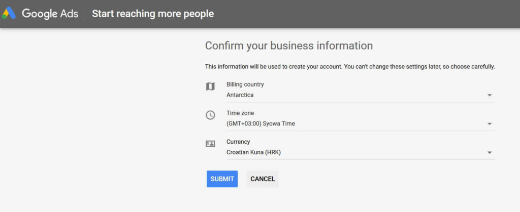 Confirming Business in Google Keyword Planner